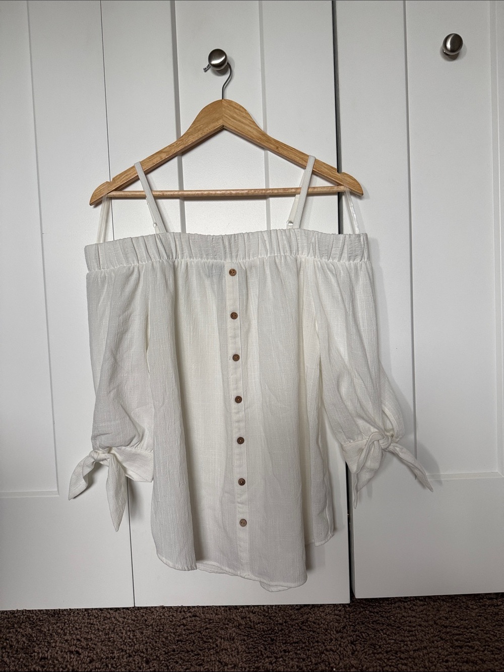 Iz Byer Cream Off-Shoulder Button Front Blouse with Tie Sleeves